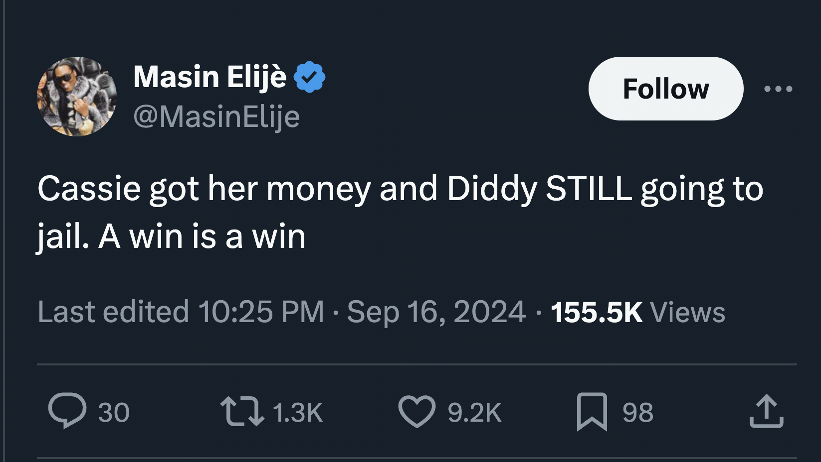 screenshot - Masin Elij Cassie got her money and Diddy Still going to jail. A win is a win Last edited Views 30 98